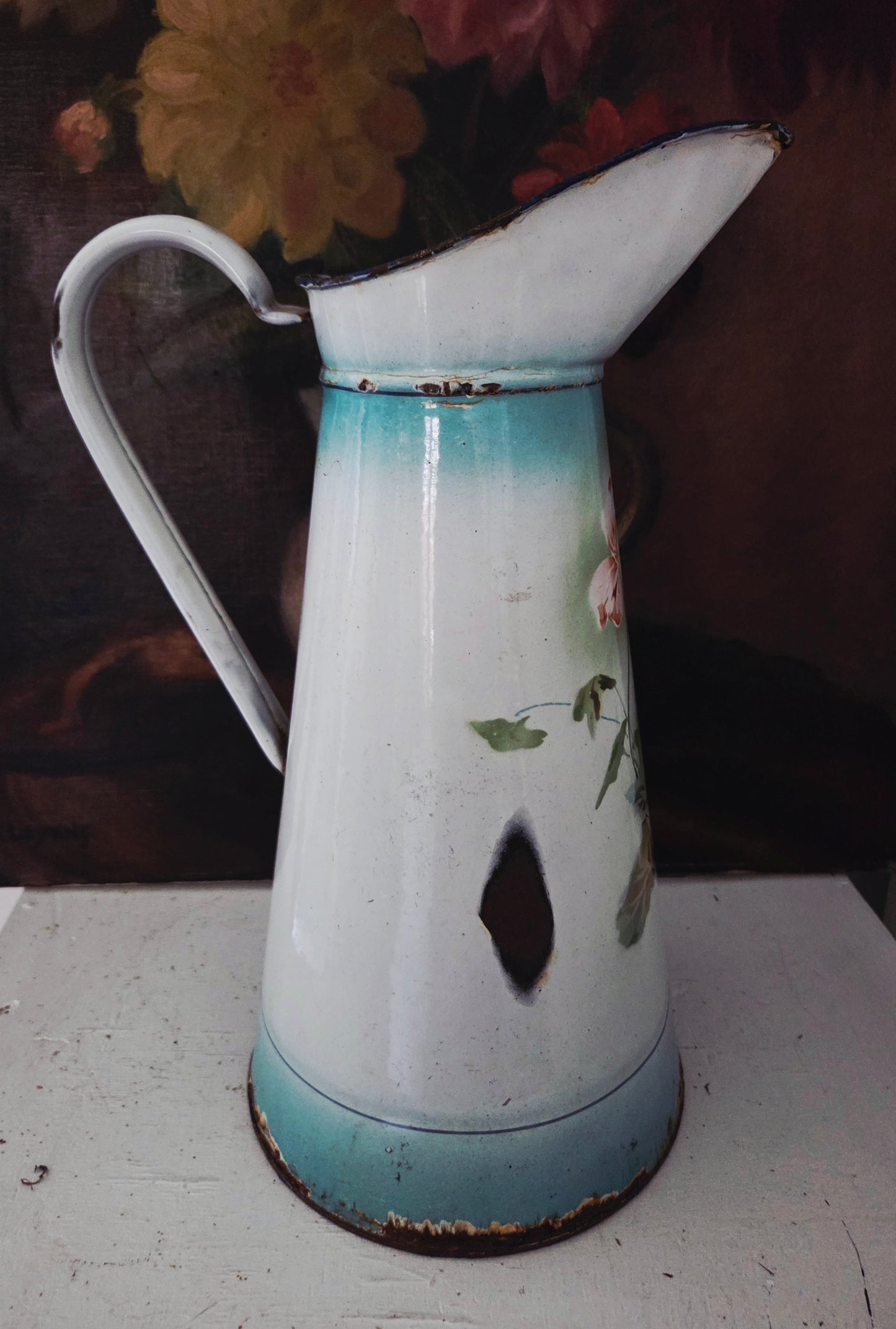Tall French Antique Enamel Jug with Flower Detail