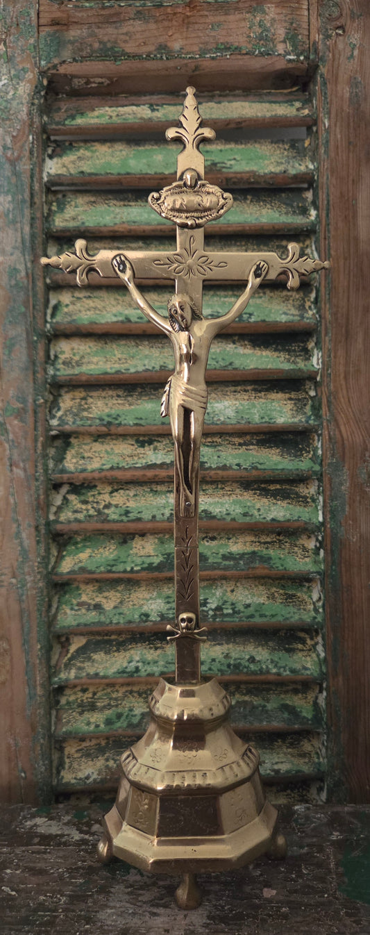 Antique Solid Brass Crucifix with Skull and Crossbone Detail