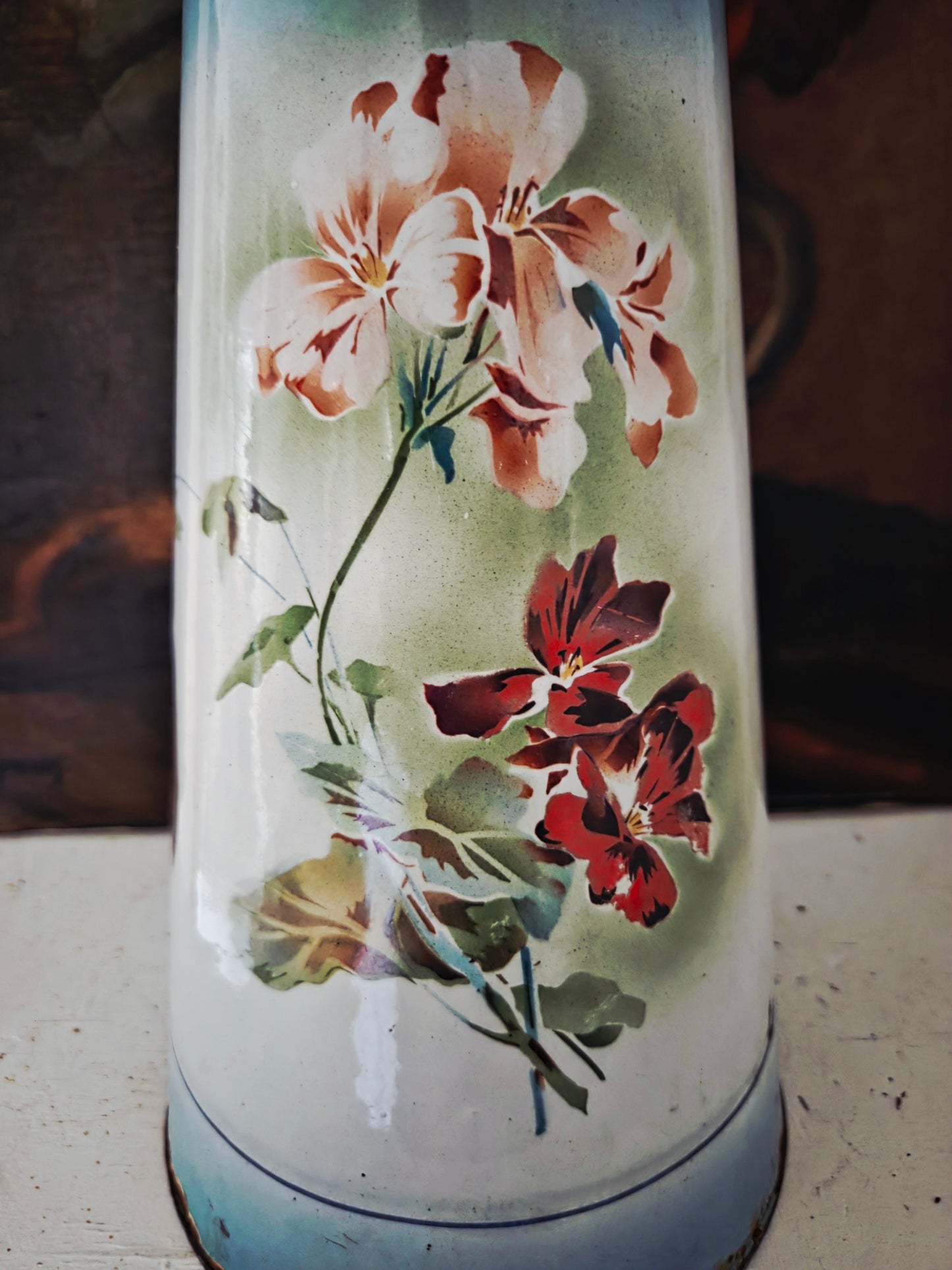 Tall French Antique Enamel Jug with Flower Detail