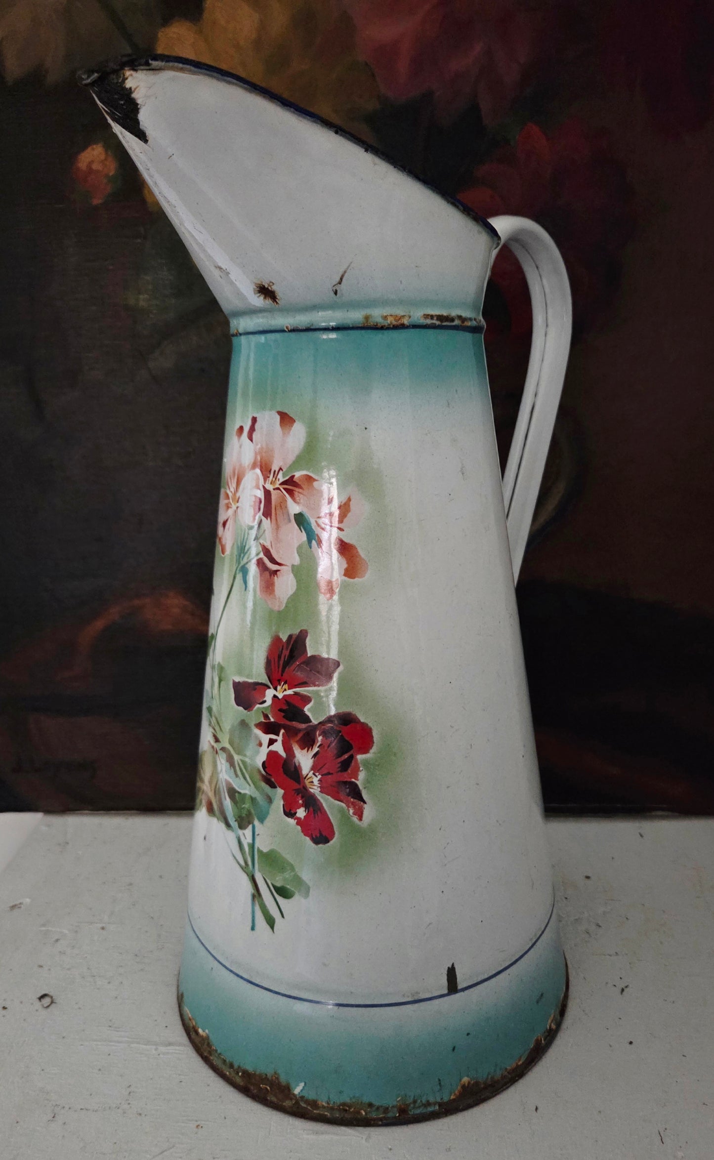 Tall French Antique Enamel Jug with Flower Detail